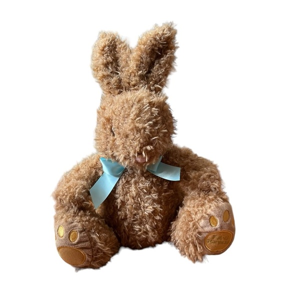 FAO Schwarz Bunny Rabbit Blue Bow Plush Stuffed Animal Toy Brown 14” Seated 2020 - Picture 1 of 9